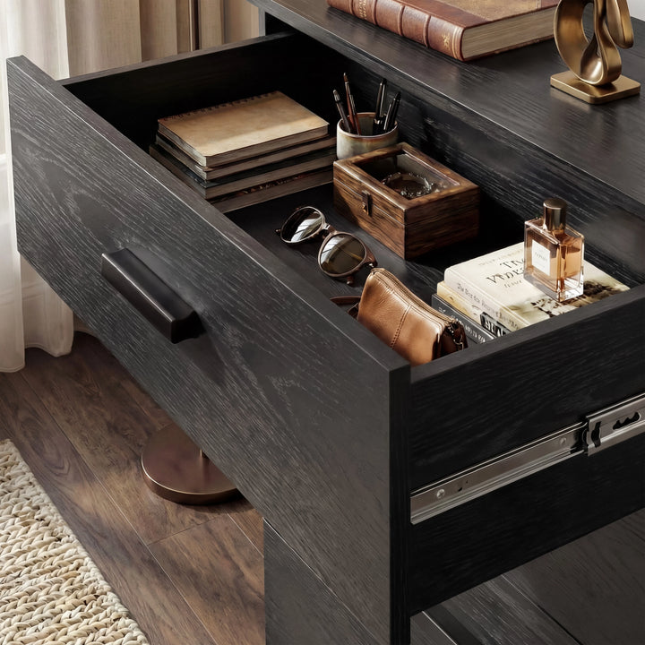 [Black] Blythe bedroom furniture set top drawer of 4 drawer chest open showing small stationery inside