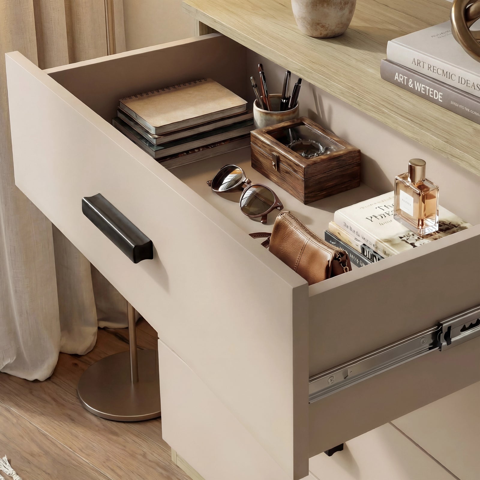 [Oak Cashmere] Blythe bedroom furniture set top chest drawer open showing notebooks and glasses
