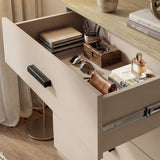 [Oak Cashmere] Blythe bedroom furniture set top chest drawer open showing notebooks and glasses
