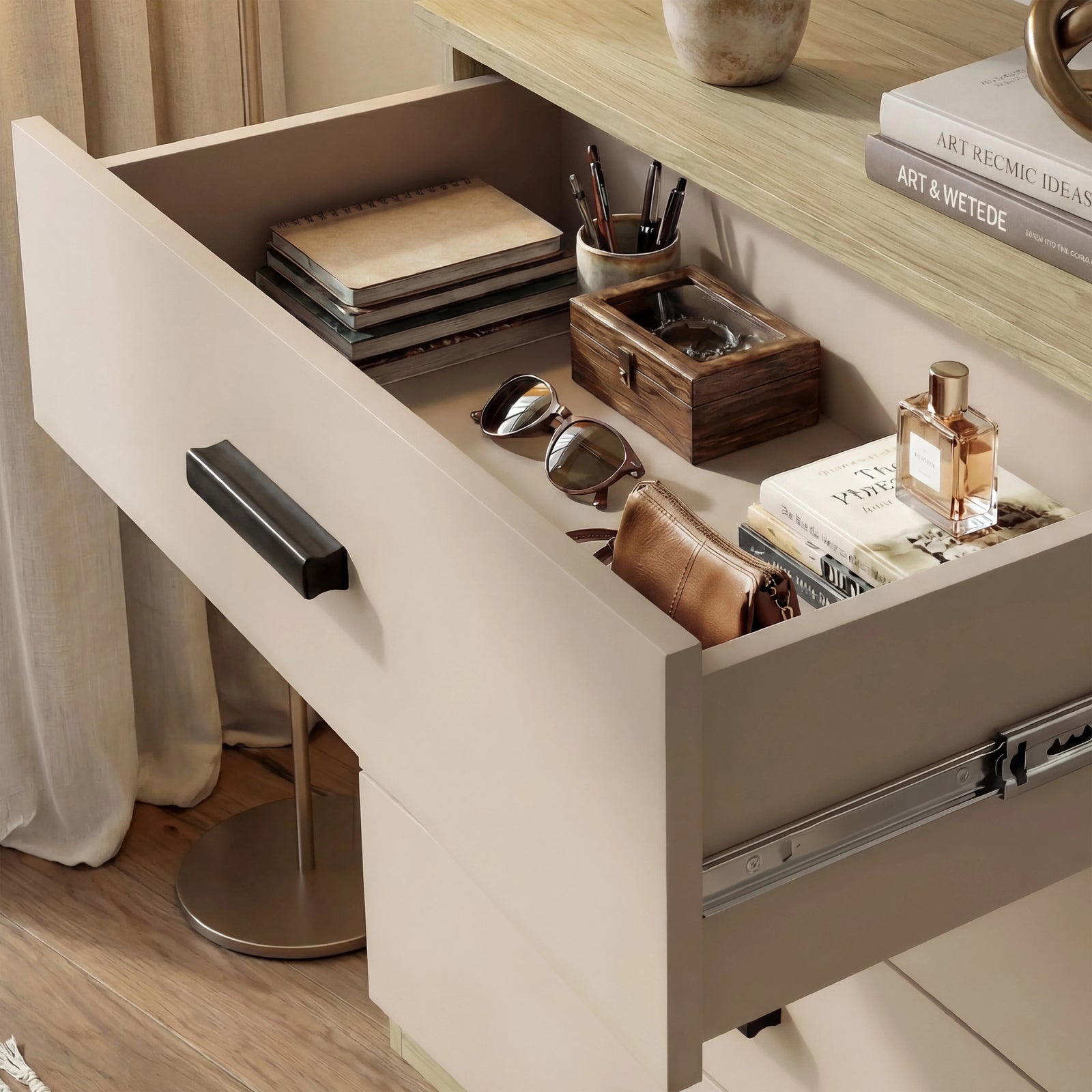 [Oak Cashmere] Blythe bedroom furniture set top chest drawer open showing notebooks and glasses