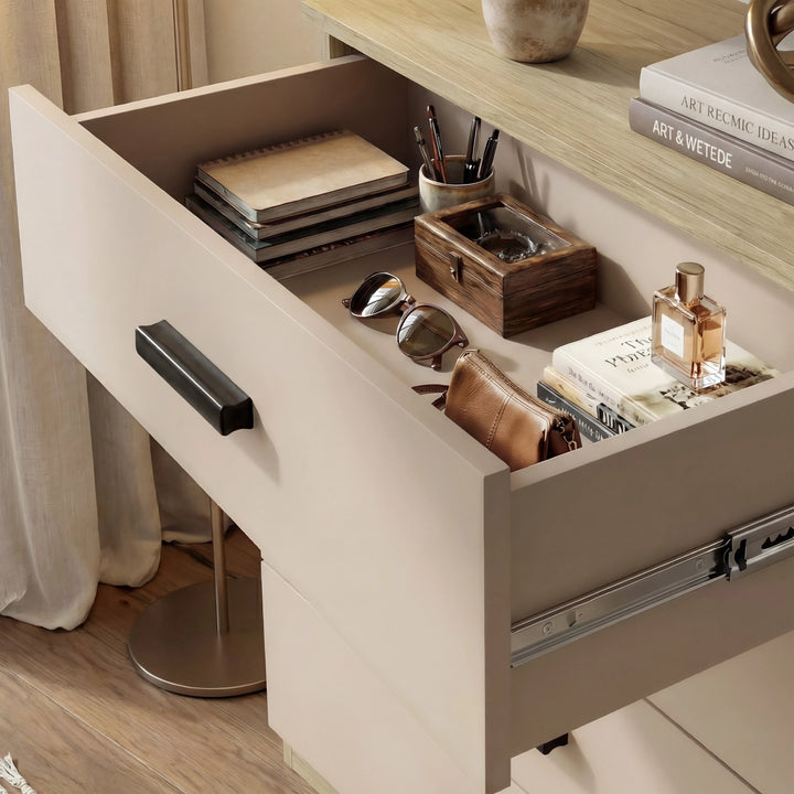 [Oak Cashmere] Blythe bedroom furniture set top chest drawer open showing notebooks and glasses