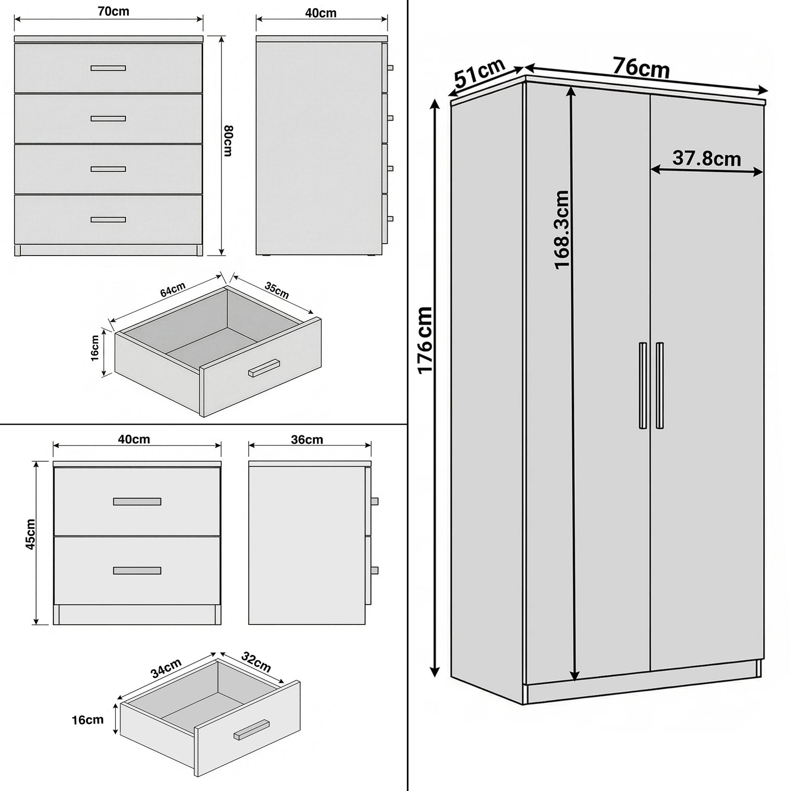 [Oak Cashmere] Blythe bedroom furniture set dimensions: wardrobe 76x51x176, chest 70x40x80, bedside 40x36x45 cm