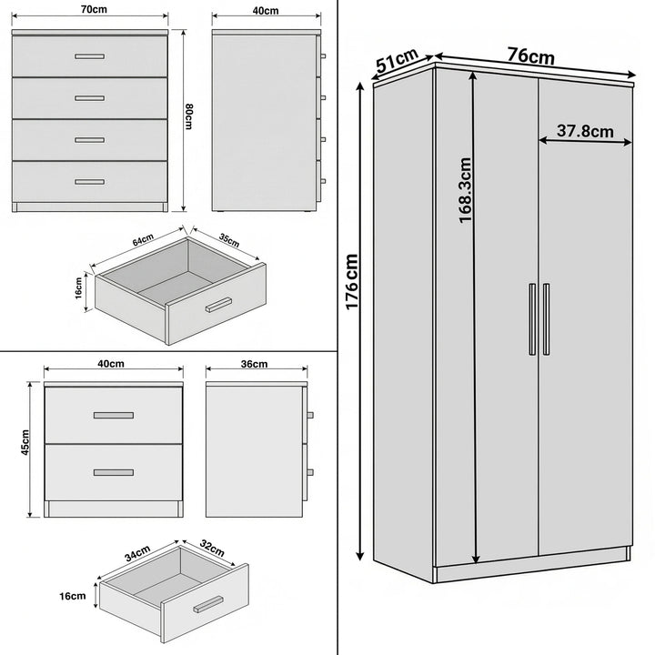 [Oak Cashmere] Blythe bedroom furniture set dimensions: wardrobe 76x51x176, chest 70x40x80, bedside 40x36x45 cm