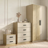 [Oak Cashmere] Blythe bedroom furniture set wardrobe, 4 drawer chest and 2 drawer bedside lined up against panelled wall