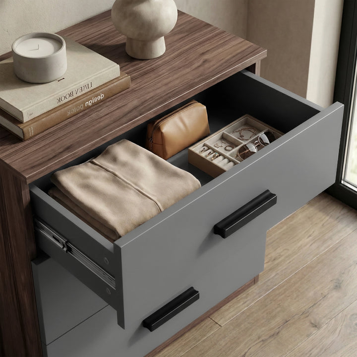 [Walnut] Blythe bedroom furniture set bedside detail of open top drawer interior and bar handle on lower drawer