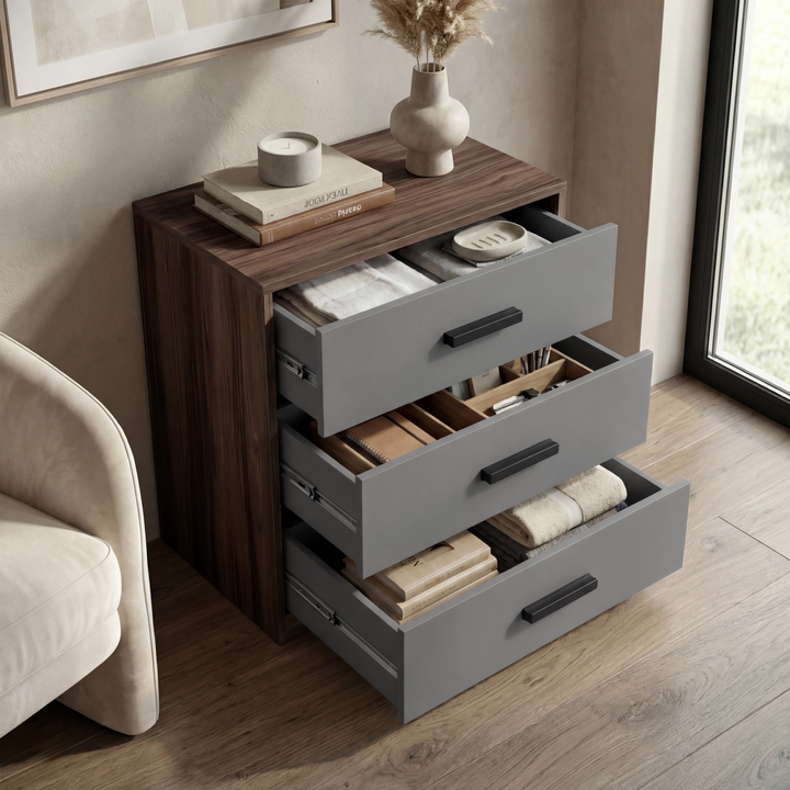 [Walnut] Blythe bedroom furniture set 3 drawer chest with drawers pulled open showing storage and books inside