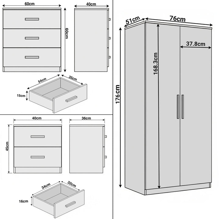 [Walnut] Blythe bedroom furniture set dimensions: wardrobe 76 x 51 x 176, chest 60 x 40 x 60, bedside 40 x 36 x 45 cm