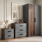 [Walnut] Blythe bedroom furniture set 3 drawer chest and 2 door wardrobe against panelled wall with framed print