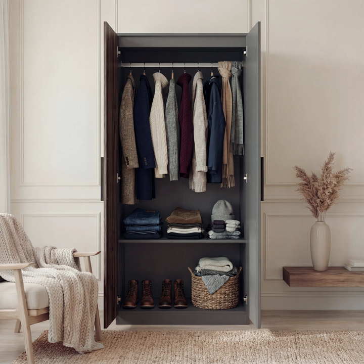 [Walnut] Blythe bedroom furniture set wardrobe doors open in styled room with chair and throw beside it