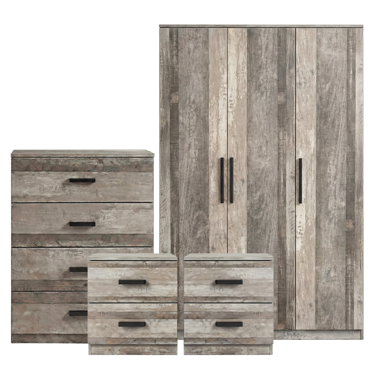 [Ash Grey] Blythe 4 piece bedroom furniture set group shot 3 door wardrobe 4 drawer chest and two 2 drawer bedsides