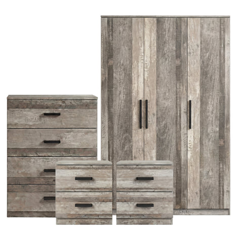 [Ash Grey] Blythe 4 piece bedroom furniture set group shot 3 door wardrobe 4 drawer chest and two 2 drawer bedsides