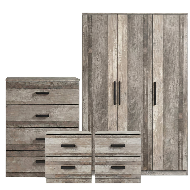 [Ash Grey] Blythe 4 piece bedroom furniture set group shot 3 door wardrobe 4 drawer chest and two 2 drawer bedsides