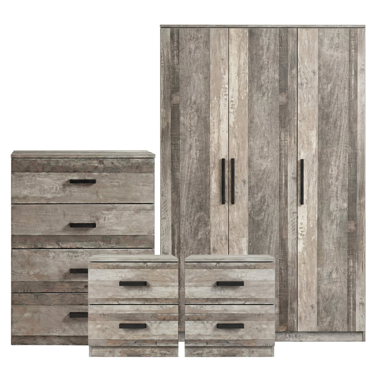 [Ash Grey] Blythe 4 piece bedroom furniture set group shot 3 door wardrobe 4 drawer chest and two 2 drawer bedsides