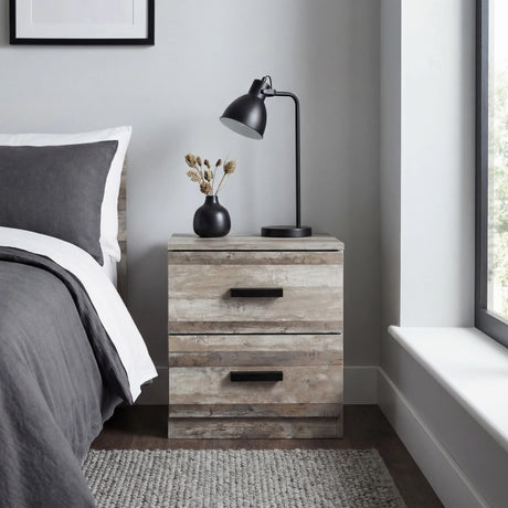 [Ash Grey] Blythe bedroom furniture set 2 drawer bedside with desk lamp and vase next to grey bed with pillow