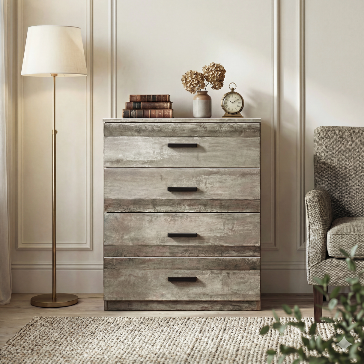 [Ash Grey] Blythe 4 piece bedroom furniture set chest of 4 drawers closed with floor lamp books and vase on top