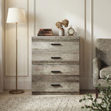 [Ash Grey] Blythe 4 piece bedroom furniture set chest of 4 drawers closed with floor lamp books and vase on top