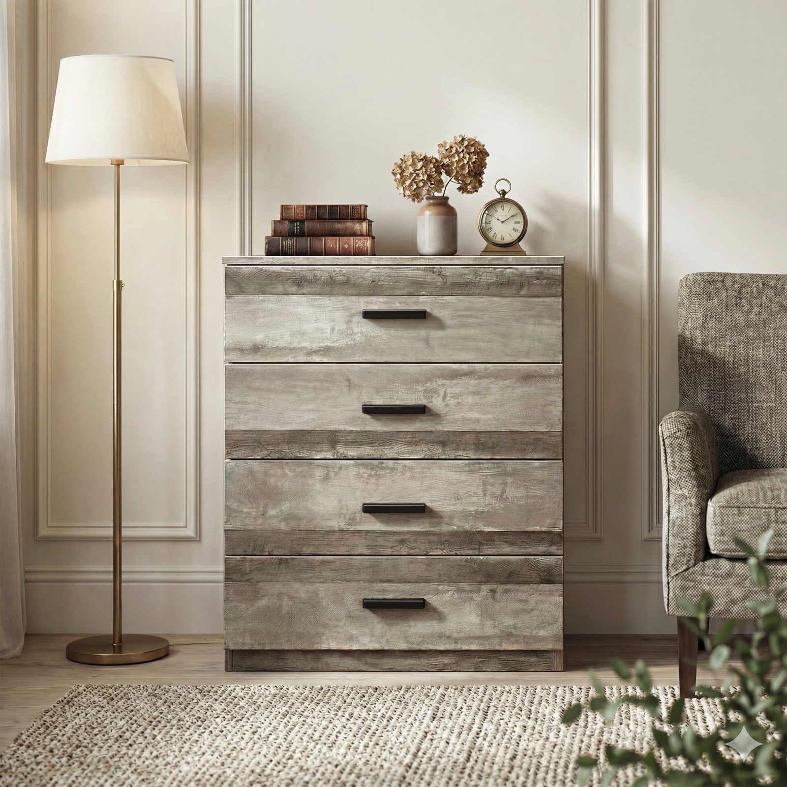 [Ash Grey] Blythe 4 piece bedroom furniture set chest of 4 drawers closed with floor lamp books and vase on top
