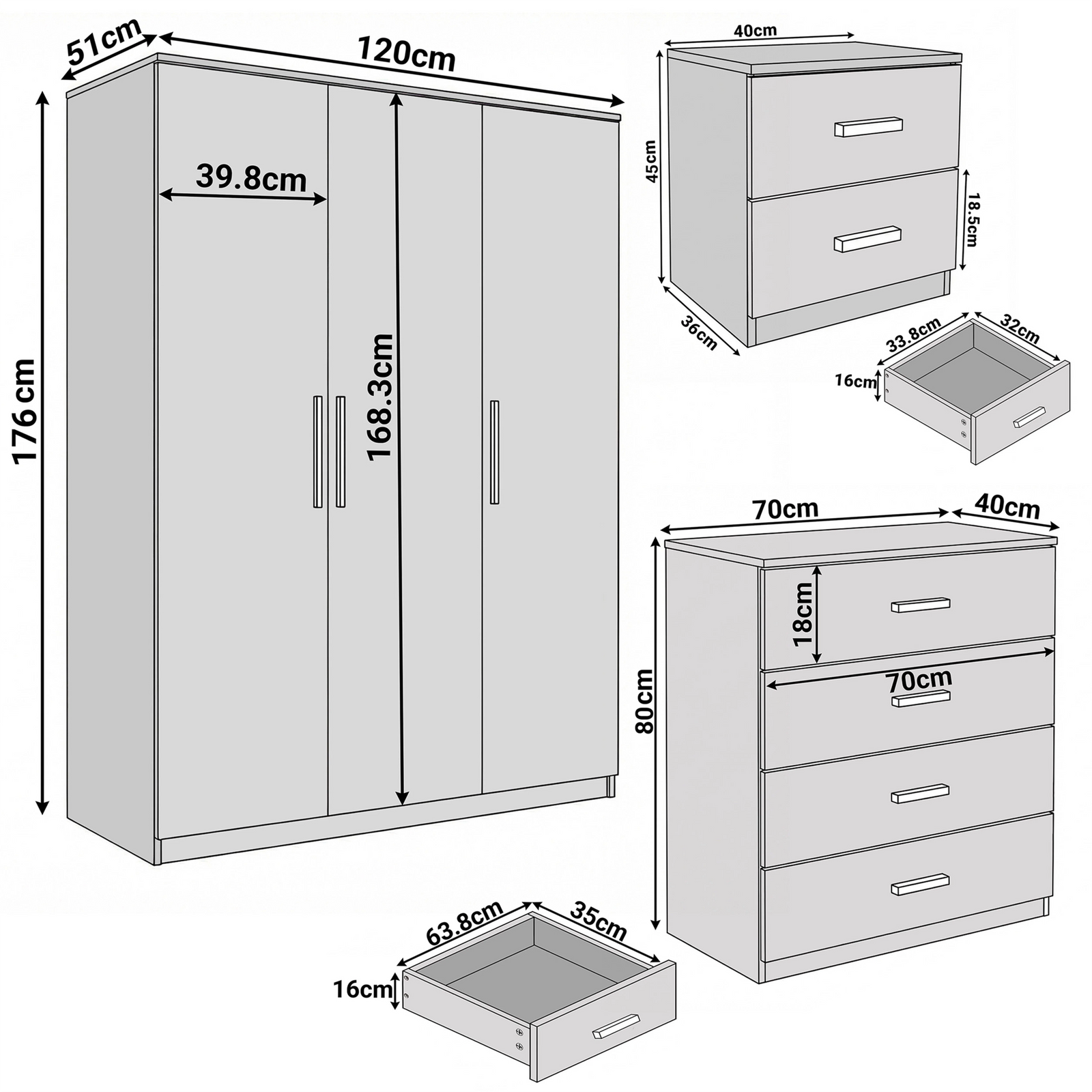 [Ash Grey] Blythe 4 piece set dimensions wardrobe 120x51x176 chest 70x40x80 bedside 40x36x45 cm