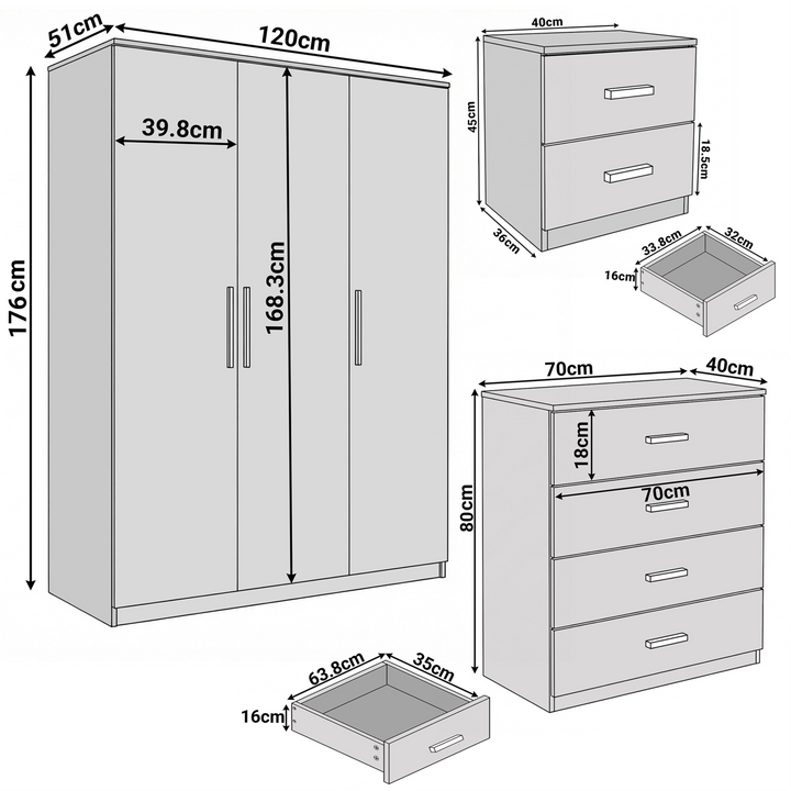 [Ash Grey] Blythe 4 piece set dimensions wardrobe 120x51x176 chest 70x40x80 bedside 40x36x45 cm