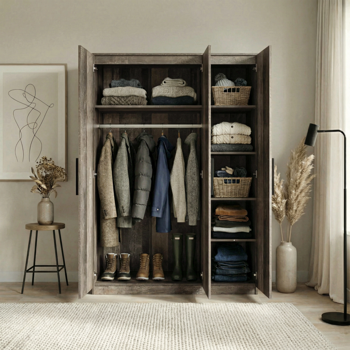 [Ash Grey] Blythe 4 piece bedroom furniture set wardrobe doors open revealing hanging rail top shelf shelving