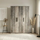 [Ash Grey] Blythe bedroom furniture set tall 3 door wardrobe closed beside framed line art and tripod floor lamp