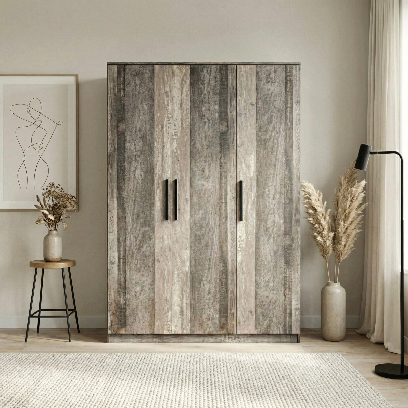 [Ash Grey] Blythe bedroom furniture set tall 3 door wardrobe closed beside framed line art and tripod floor lamp