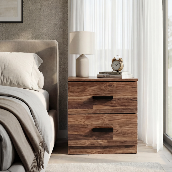 [Dark Bronx] Blythe bedroom furniture set 2 drawer bedside beside upholstered bed with lamp and alarm clock