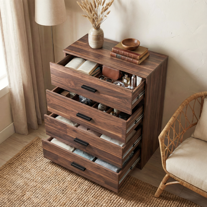 [Dark Bronx] Blythe bedroom furniture set tall 4 drawer chest open showing storage capacity on all levels