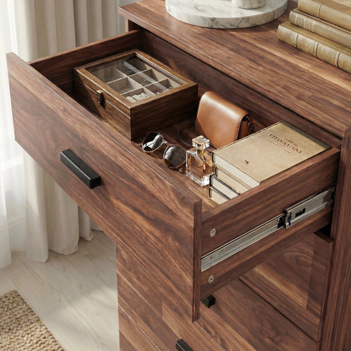 [Dark Bronx] Blythe bedroom furniture set top drawer of chest pulled out showing runners and accessory tray
