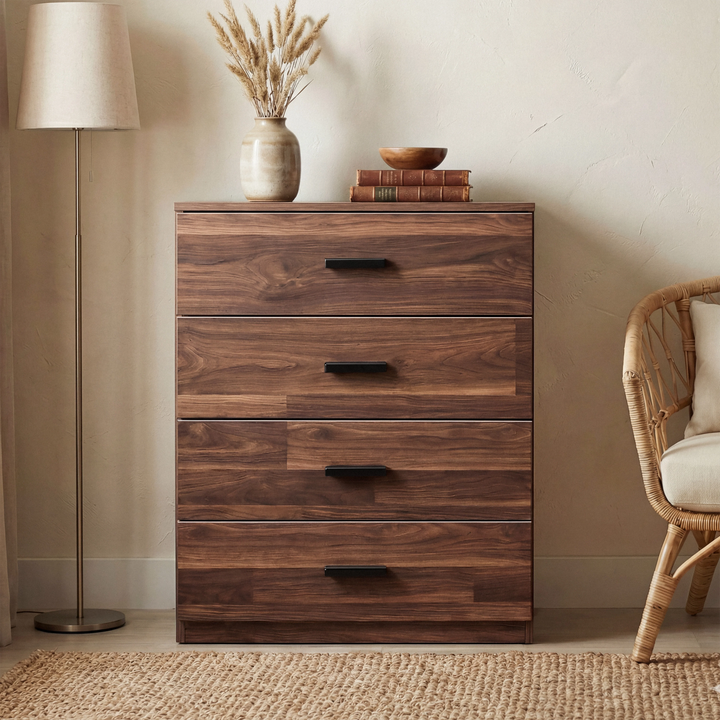[Dark Bronx] Blythe bedroom furniture set 4 drawer chest styled with floor lamp, vase and books on top