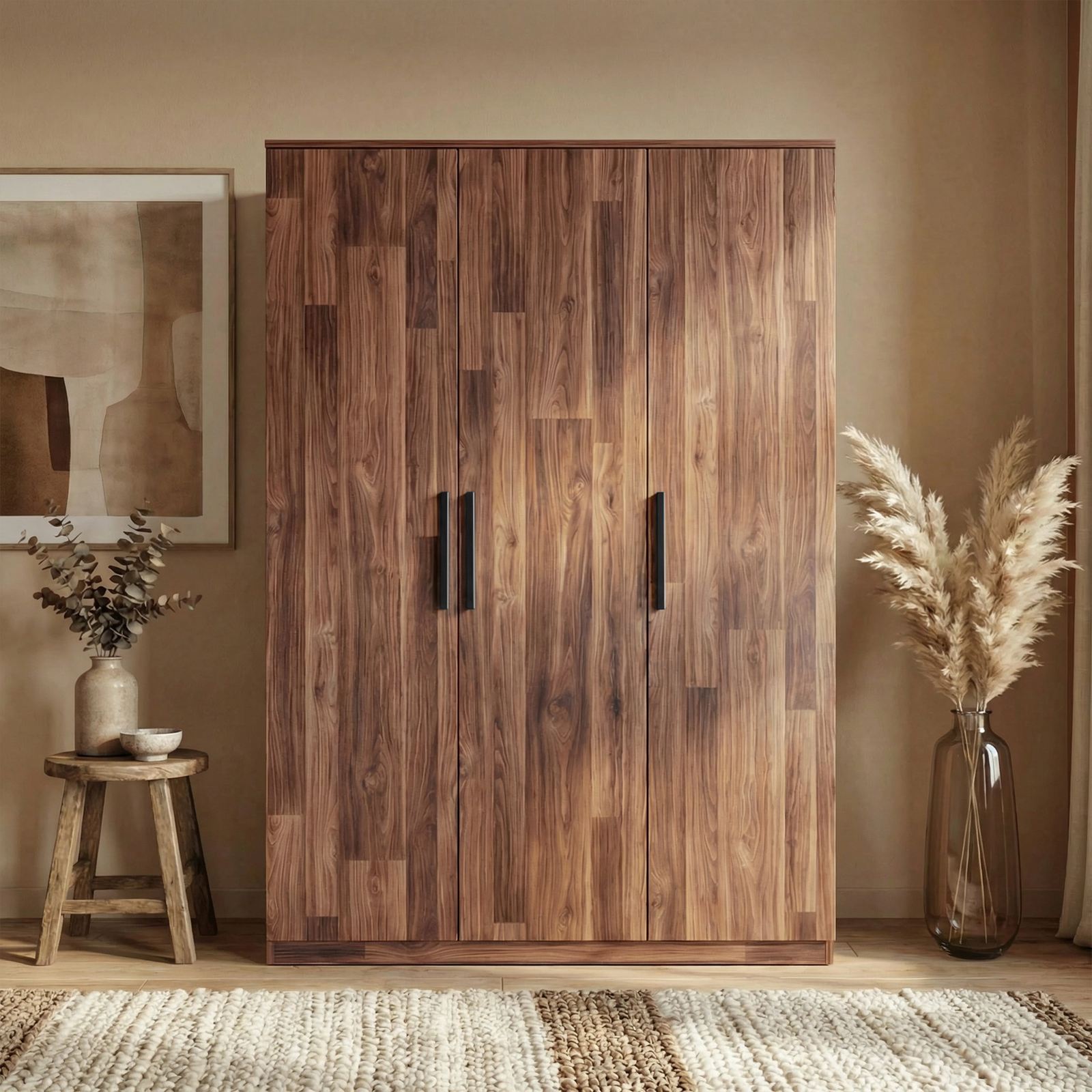 [Dark Bronx] Blythe bedroom furniture set 3 door wardrobe against beige wall with pampas in tall vases