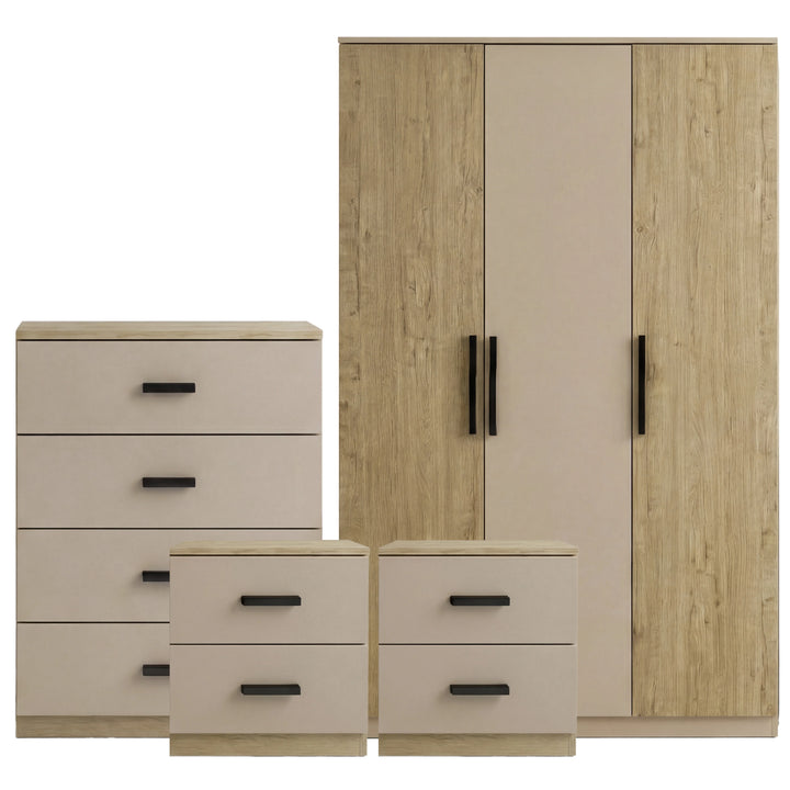 [Oak Cashmere] Blythe bedroom furniture set with 3-door wardrobe, 4-drawer chest and two 2-drawer bedside tables