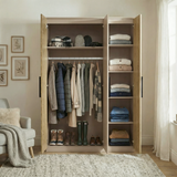 [Oak Cashmere] Blythe bedroom furniture set bedside open showing interior storage with stored items