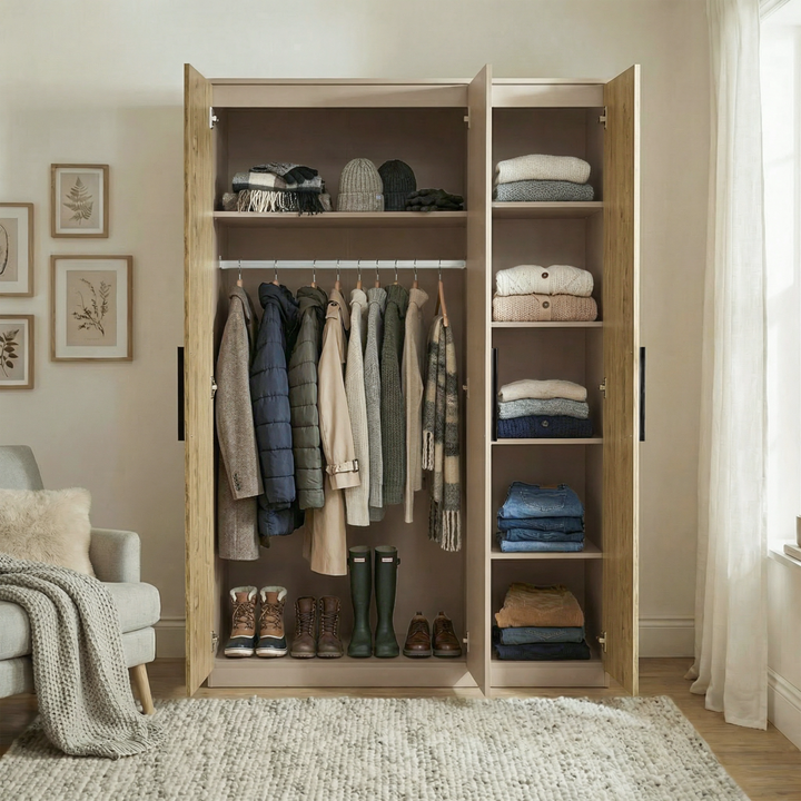 [Oak Cashmere] Blythe bedroom furniture set bedside open showing interior storage with stored items