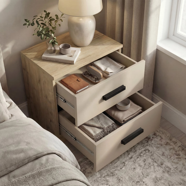 [Oak Cashmere] Blythe bedroom furniture set pair of bedsides arranged together showing symmetrical styling