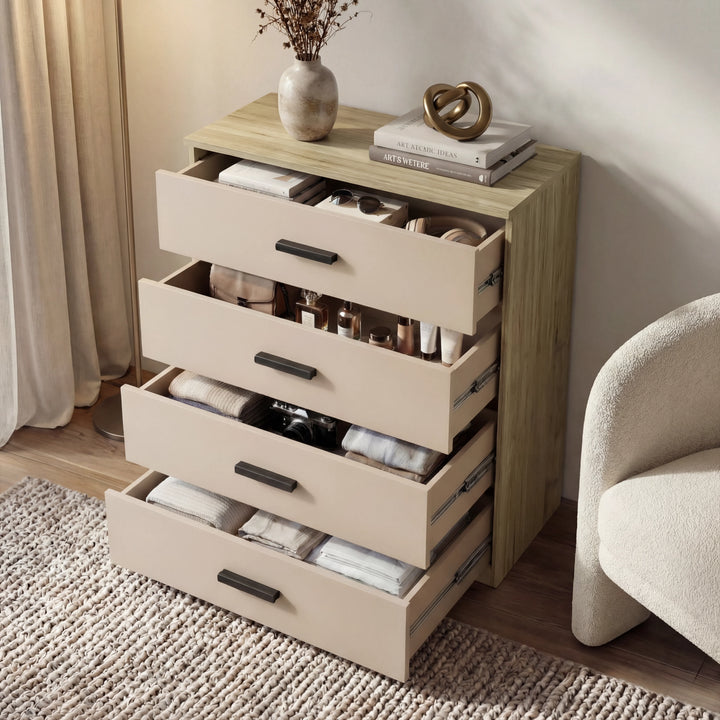 [Oak Cashmere] Blythe bedroom furniture set 4-drawer chest with all four drawers fully open