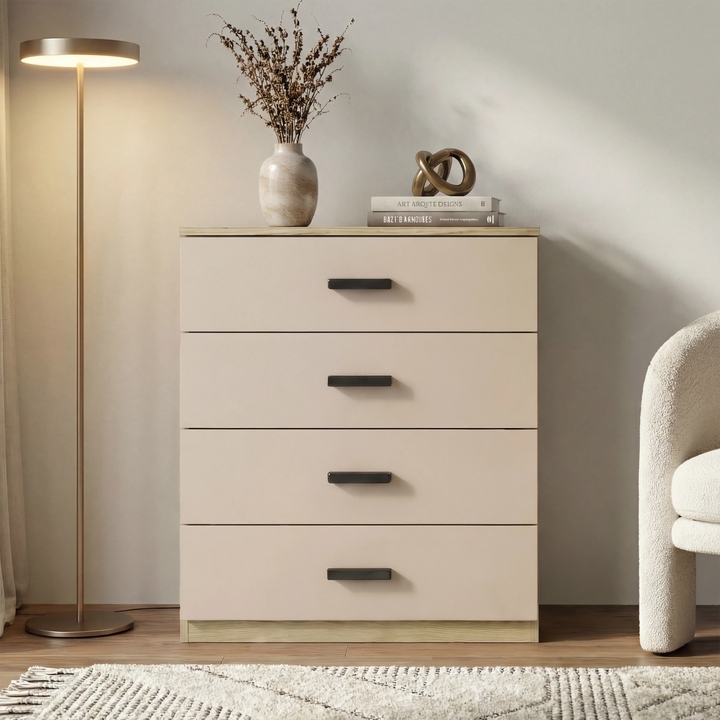 [Oak Cashmere] Blythe bedroom furniture set chest of drawers shown with all four drawers extended