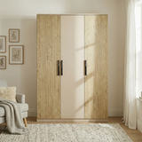 [Oak Cashmere] Blythe bedroom furniture set lifestyle view with wardrobe in panelled room