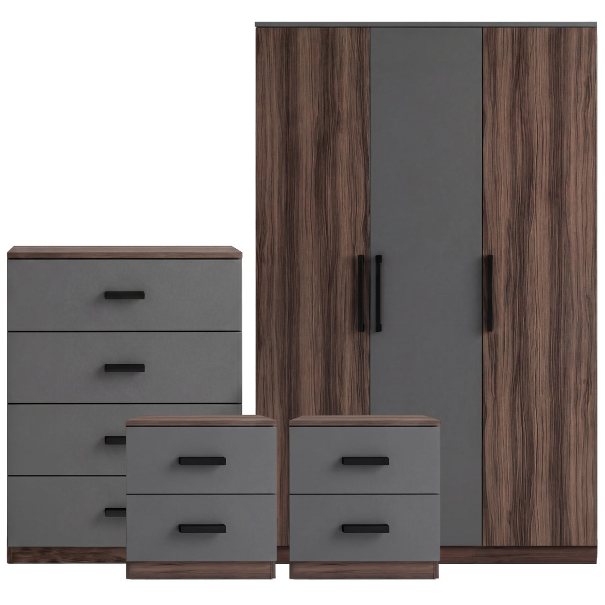 [Walnut Grey] Blythe bedroom furniture set with 3-door wardrobe, 4-drawer chest and two 2-drawer bedsides