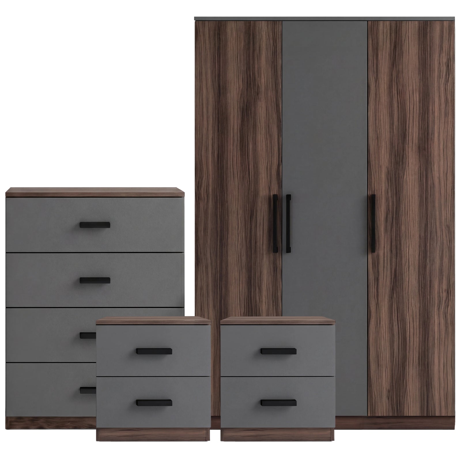 [Walnut Grey] Blythe bedroom furniture set with 3-door wardrobe, 4-drawer chest and two 2-drawer bedsides