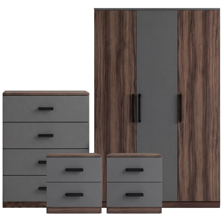 [Walnut Grey] Blythe bedroom furniture set with 3-door wardrobe, 4-drawer chest and two 2-drawer bedsides