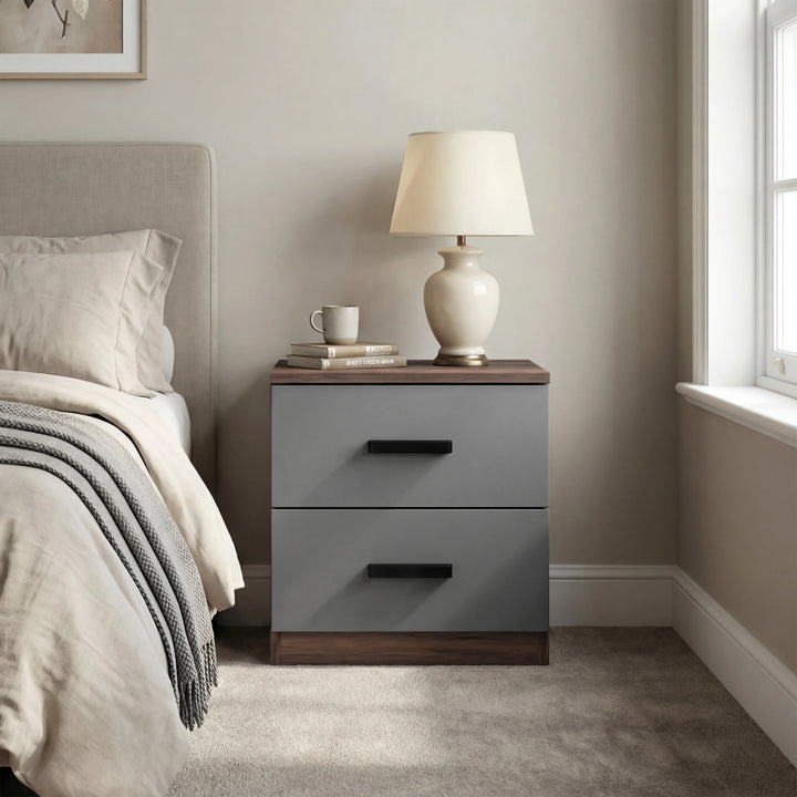 [Walnut Grey] Blythe bedroom furniture set 2-drawer bedside with walnut top and grey drawers beside bed