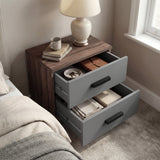 [Walnut Grey] Blythe bedroom furniture set 2-drawer bedside open view showing storage capacity topped with walnut