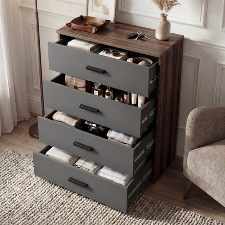 [Walnut Grey] Blythe bedroom furniture set 4-drawer chest with open drawers showing storage in walnut grey