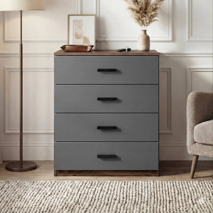 [Walnut Grey] Blythe bedroom furniture set chest of drawers closed with black bar handles in bedroom setting