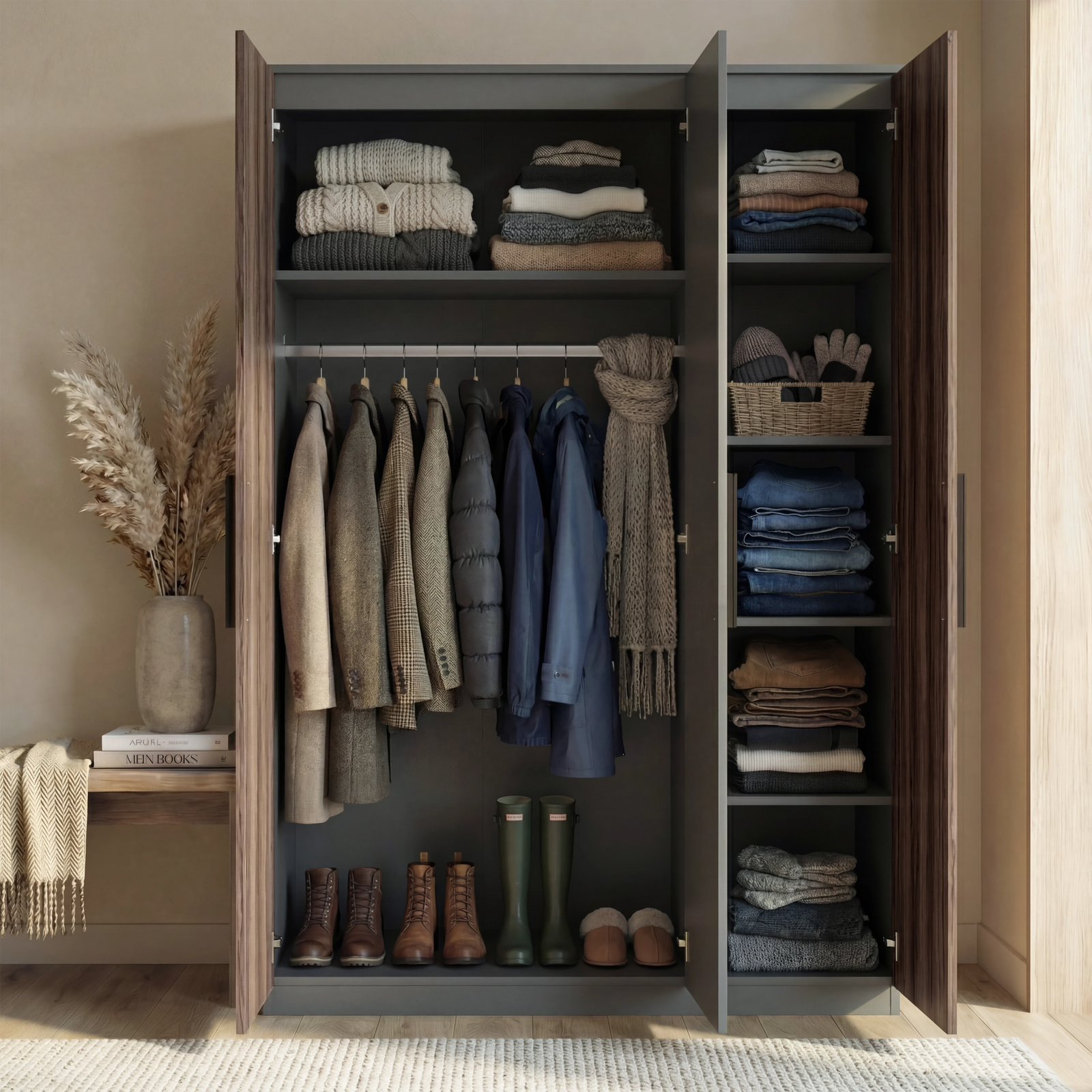 [Walnut Grey] Blythe bedroom furniture set wardrobe doors open revealing internal rail and shelving