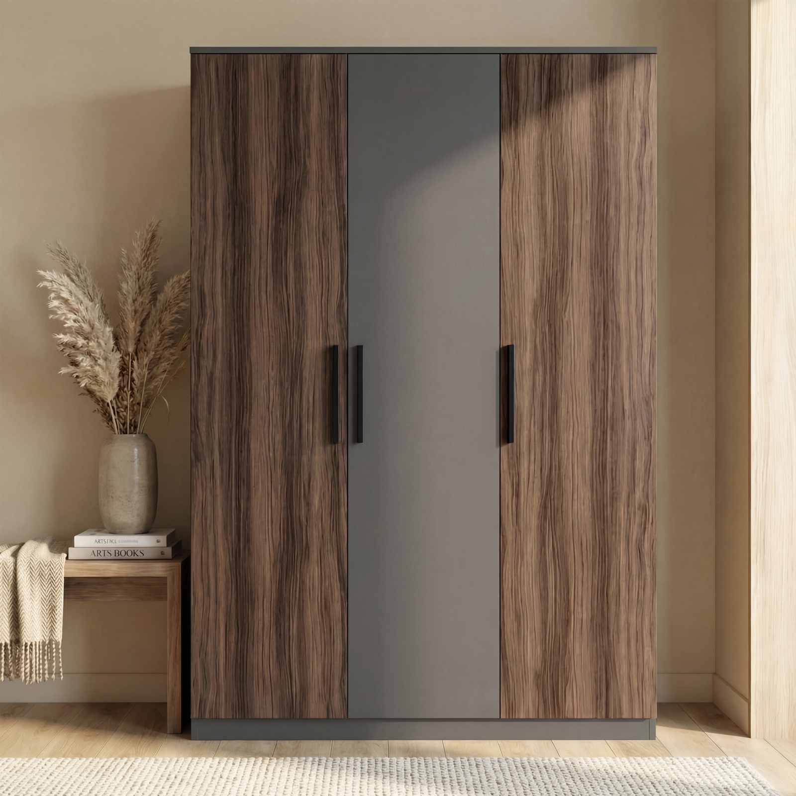 [Walnut Grey] Blythe bedroom furniture set 3-door wardrobe 120cm wide with walnut side doors and grey centre door