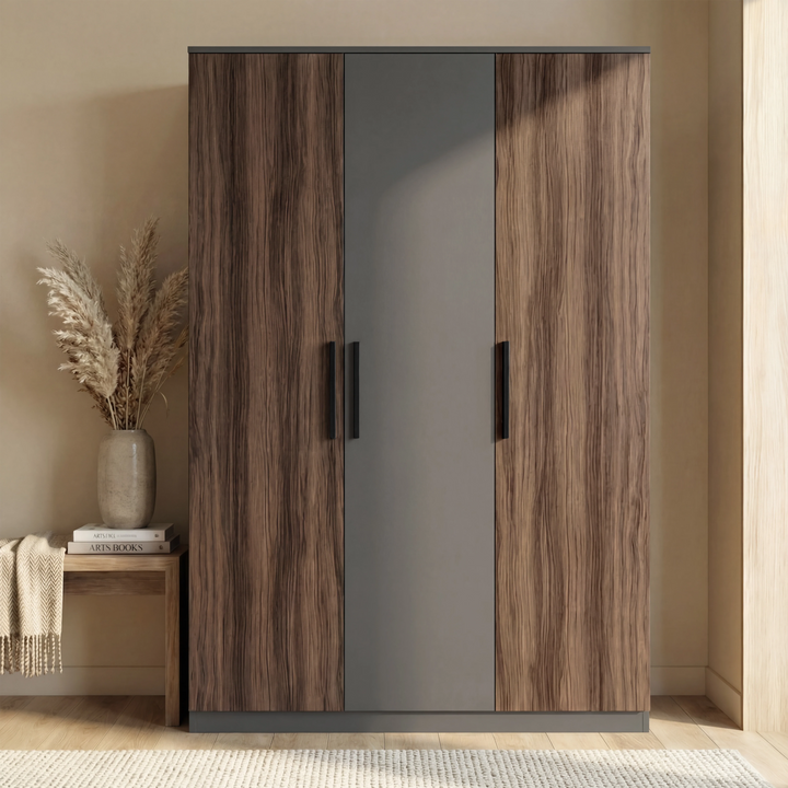 [Walnut Grey] Blythe bedroom furniture set 3-door wardrobe 120cm wide with walnut side doors and grey centre door