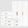 [White] Blythe bedroom furniture set on grey backdrop with 3 door wardrobe 4 drawer chest and two 2 drawer bedsides