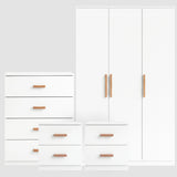 [White] Blythe bedroom furniture set on grey backdrop with 3 door wardrobe 4 drawer chest and two 2 drawer bedsides
